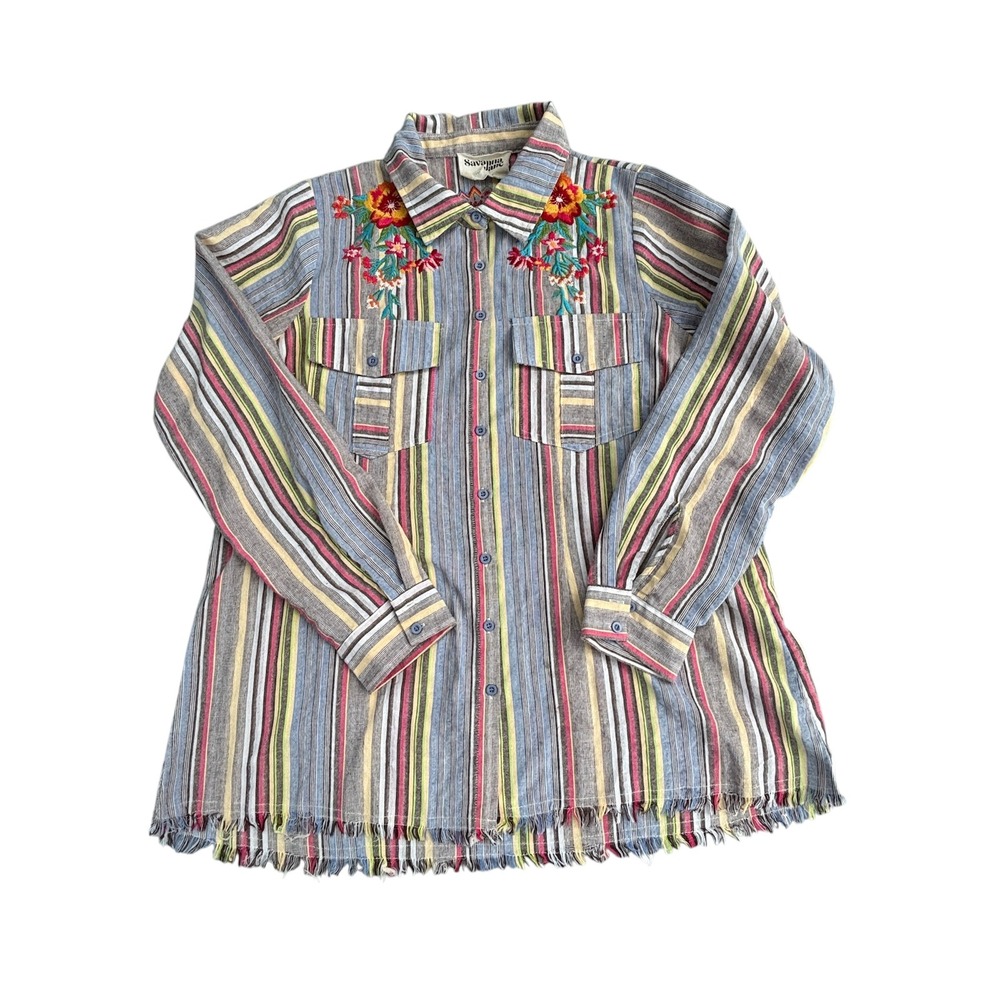 Savanna Jane Large Boho Western Striped Embroidered Cactus Floral Fringe Jacket